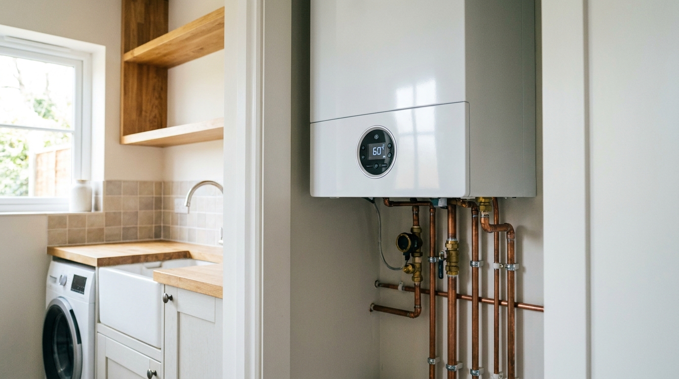 A Gas Safe engineer installing a new condensing combi boiler in a UK home